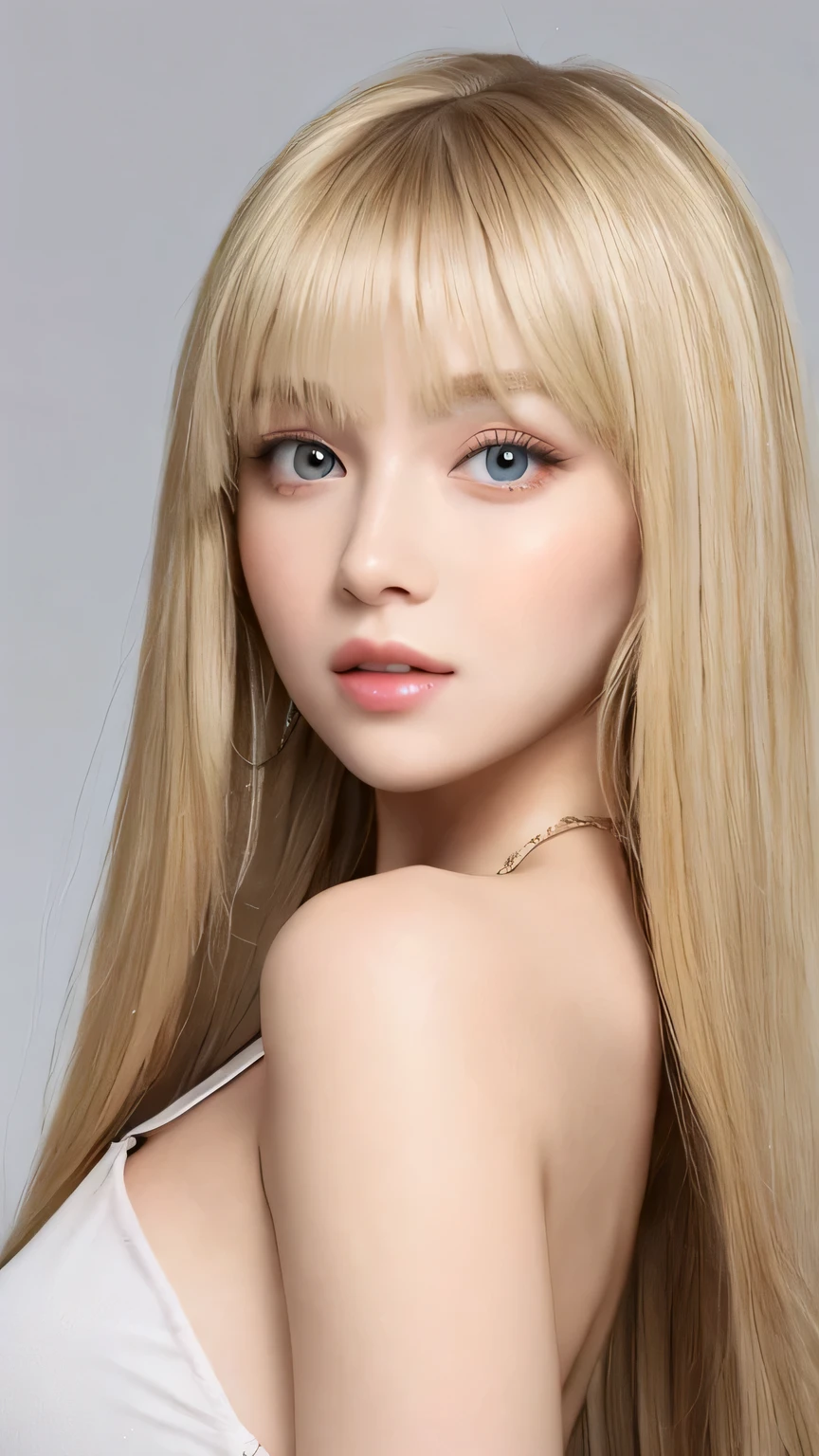 Sexy fresh appearance perfect beautiful cute pretty girl、Long bangs above the eyes、Long blonde hair in the center of the face、Super long blonde straight silky hair、Blonde hair flowing over a beautiful face、Very cute beautiful sexy young little woman、very perfect beautiful cute face、Beautiful clear cute light blue big eyes with fluttering blonde hair、Huge bright eye highlights、small face beautiful girl、cheek gloss highlight、white beautiful skin、round face