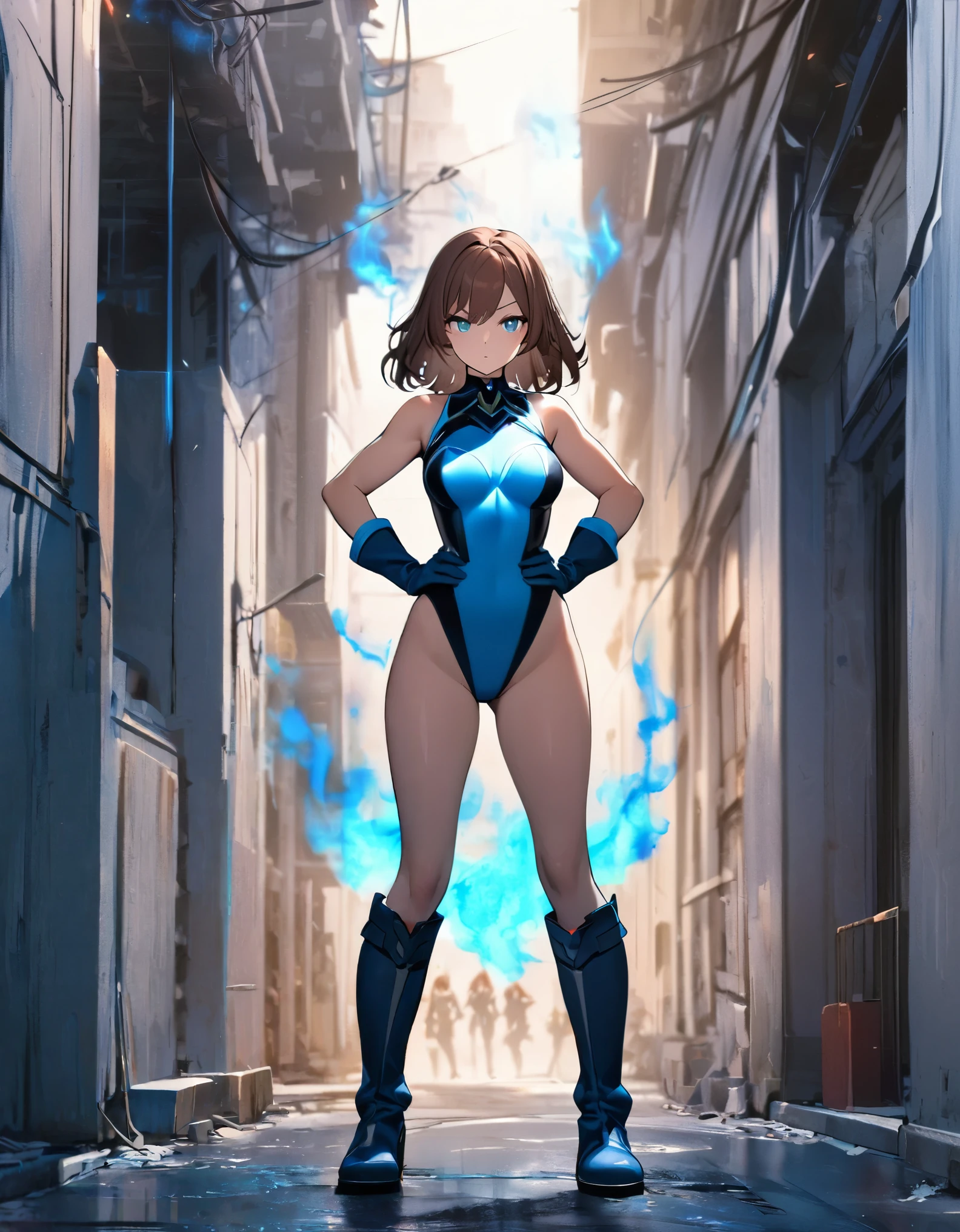 masterpiece, best quality, highres, 1girl, solo, superhero, leotard, blue and white leotard, bare legs, brown hair, short hair, brown eyes, hairband, medium hair, ribbon, boots, matching boots, blue boots, medium breasts, cowboy shot, standing, city backdrop, haruhi suzumiya, kyoani haruhi style, sleeveless, tornado spin, spin, twirl, wind particles, light particles, swirls, tornado swirls,