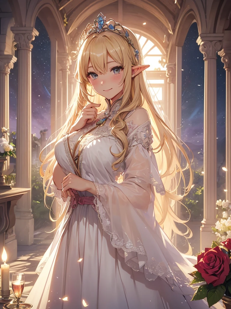 highest quality、Highest image quality、masterpiece、beautiful face、、Titania、Super beautiful elf beauty((22 years old OL big bust、bust 90,beautiful long ironed hair、blonde、Height: 165cm。slender、sexy、Esbian、beautiful tiara、night、High quality、美しいart、Beautiful bed、canopy、Sky curtain、muste piece、ビジュアルart、Depth of the bounds written、、elf ears、、Lightのmagic、universe、A happy smile、穏やかなLight、Elven Forest、cherry blossoms、、elegant、ticker beautiful decorative、marble columns、fresco、Mosaic floor、mystical rosa、Rose、flower瓶、magicのflower、flowerを作るmagic、Light、 the sky、beautiful dressy、beautiful dresyth、ART、Lord of the Ring、spectacular scenery、sexy、friendly smile、Fantastic、cherry blossoms、舞い散るflowerびら、cherry blossomsのflower、universeのmagic、magicのLight、fantasy、flower、super REALITYたくさんのRose、magic、Interior decoration、Many tapestries、Grow fantasy、、mysteryのLight、byzantine、renaissance、Art nouveau、alphonse Mucha、、art、art,mystery,UHD,magicalgentle light,sexy、