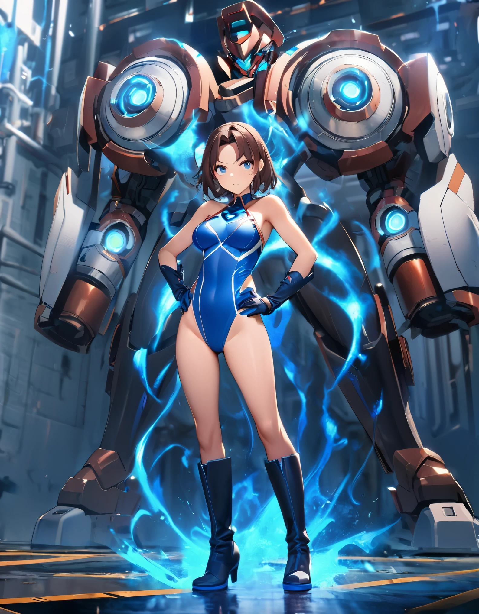1girl, solo, solo focus, female superhero, medium breasts, leotard, red and blue leotard, bare legs, boots, matching boots, gloves, matching gloves, brown hair, blue-grey eyes, standing straight, hands on hips, full body, body infused with blue aura, atom