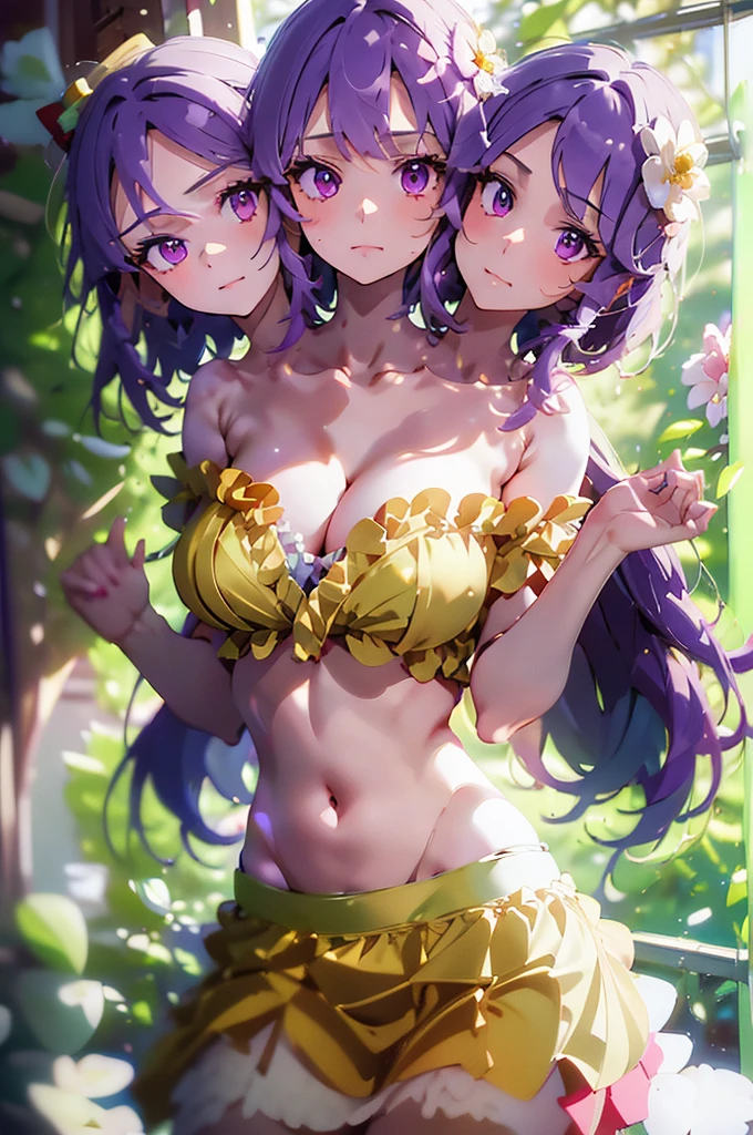 (masterpiece, best quality), best quality, (ultra-detailed), (3heads:1.5), 1girl, (hieda no akyuu:1.3), masterpiece, (high quality), (high resolution), (best quality:1.5, highres, UHD), highres, absurdo, ultra detail, ultra quality, yellow flower-patterned top, with pink and black trim, crop top, ((stomach)), midriff, ((groin)), red skirt, normal ears, shackles, purple hair, very long hair, wavy hair, sidelocks, purple eyes, detailed eyes, parted lips, light pink flower-shaped ornament, sweat, cute, toned belly, hand on own chest, eyelashes, (24 year old woman:1.3), (masterpiece:1.5), (best quality:1.5), (beautiful detailed), extremely detailed CG, extremely delicate and beautiful, depth of field, (finely detailed face), (perfect details:1.2), (mature female:1.3), wide pelvis, slender, large veiny breast, 16k resolution, highres, very high quality, very high definition, extremely detailed, masterpiece, purple hair, long hair, alluring presence, braid, short skirt, close up, big tits, young, light pink flower-shaped ornament, glasses,