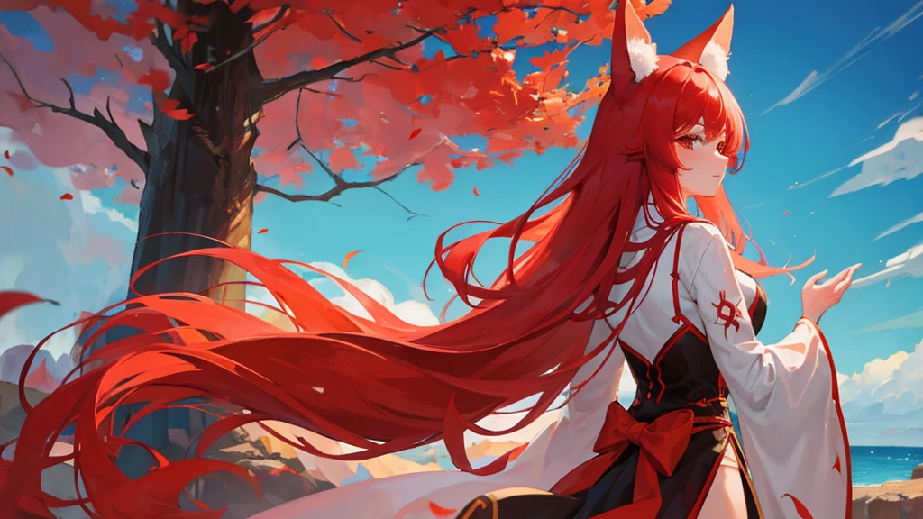 beutiful girl, red hair, nine tailed fox, fox, royal clothes, 8k resolution, sky
