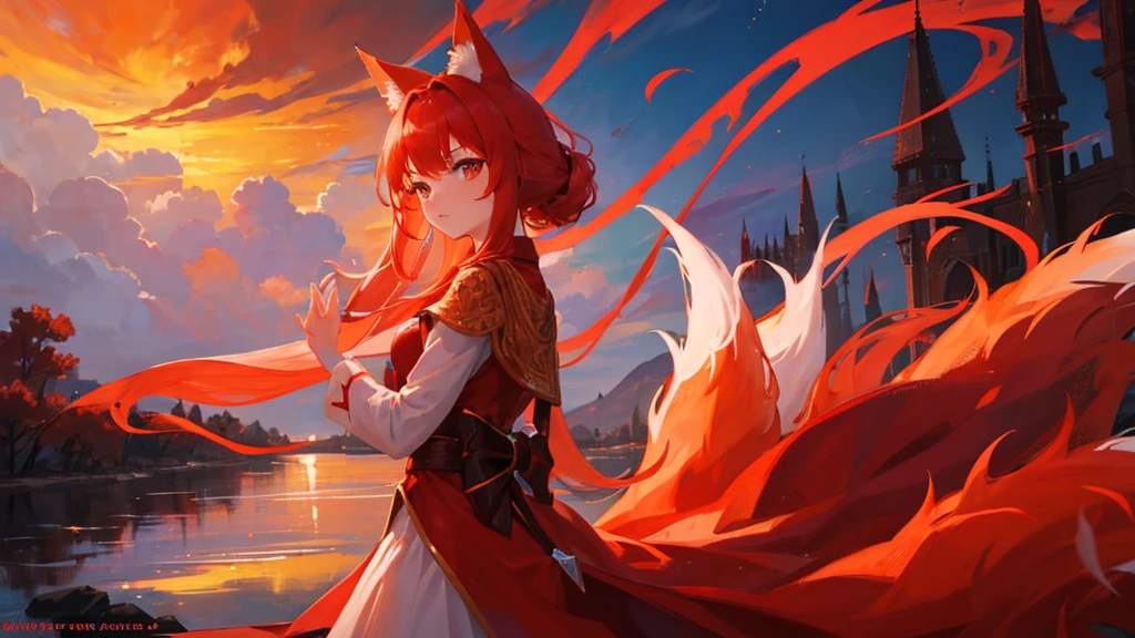 beutiful girl, red hair, nine tailed fox, fox, royal clothes, 8k resolution, sky