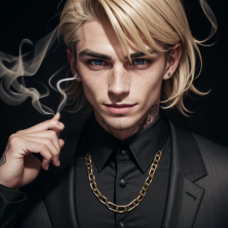 Dark blonde boy with light blonde highlights with cut up and dominant face and freckles thin nose full lips perverted smile smoking in a black suit with jacket marked jaw muscle with chains and perfect face bad and with cut eyebrow and tattoos taper cut phase