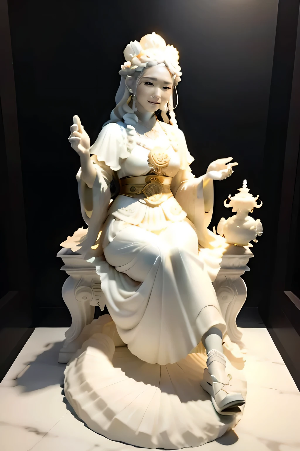 On the big moon,Hair Hanfu Uomo,period costume,hair fluttering,The corners of the skirt fly,Sky inspiration,Lute statue in hand, Inspired by Chen Rong's marble sculptures, Featured on Zbrush Central, art nouveau, Ivory carving, Ivory Carving, goddess. very high detail, Highly detailed shot of the goddess, Decorative bone carvings, Sculpture of Persephone, resin statue, highly detailed carving on, Nankai Kannon