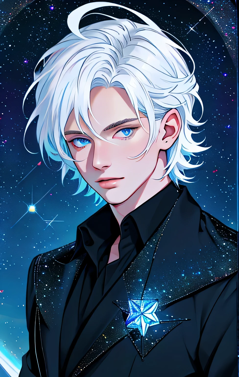 Close up face, European face, white man, shoulder-length white hair, tuquoise blue eyes, black pants and blue dress shirt. starry sky (masterpiece, best quality: 1.4), (absurdities, highres, ultra detailed: 1.2), (1 handsome man: 1.4), (using dark magic: 1.4), red magic, playful illustrations, imaginative overlays, artistic fusion, fantastic scenes, evocative narratives, stunning visuals
