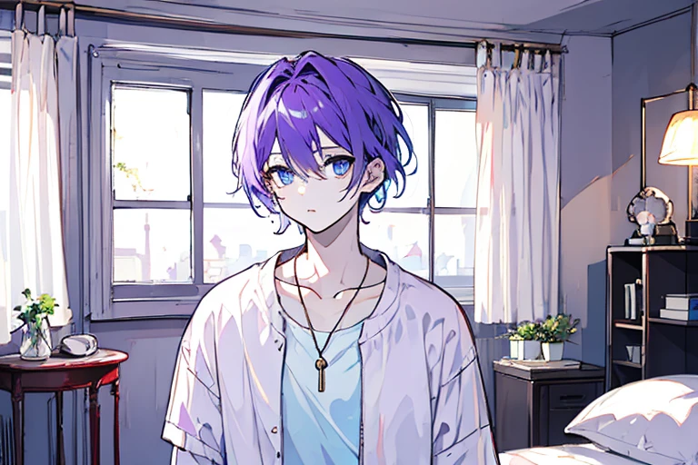 ((highest quality)), ((masterpiece)), ((1 person)),perfect face、male、purple hair color、light blue eyes、very short hair、vocal、pale colour、whole body、simple clothes、Room with lamp、