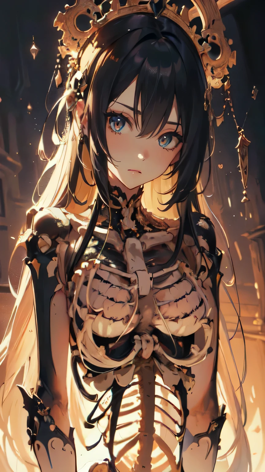 a woman with a skeleton in her hands and a crown on her head, detailed digital anime art, best anime 4k konachan wallpaper, detailed anime artwork, detailed anime art, intricate body, anime visual of a cute girl, intricate ornate anime cgi style, beautiful necromancer girl, anime art wallpaper 4 k, anime art wallpaper 4k