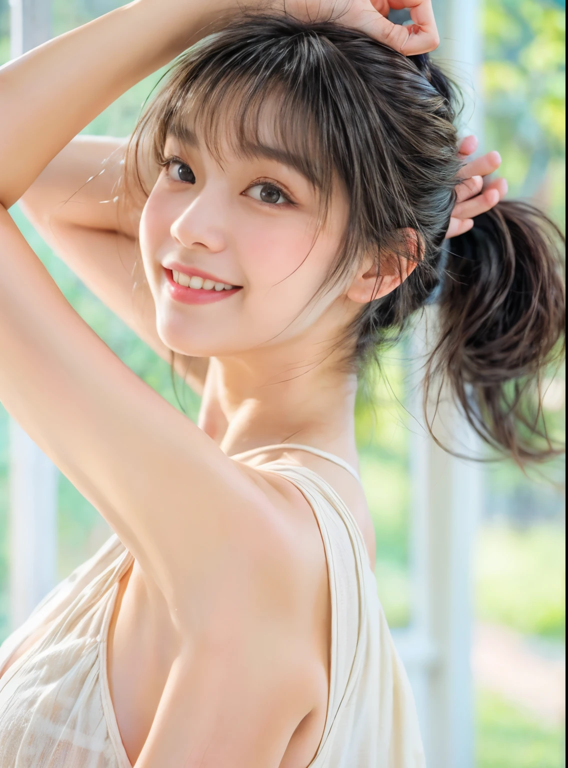 masterpiece、highest quality、cinema、(cute japanese woman、bangs:1.3)、23 years old、1 girl、elegant、black hair、warm、(ponytail:1.2)、Hold your hair with both hands、Smile