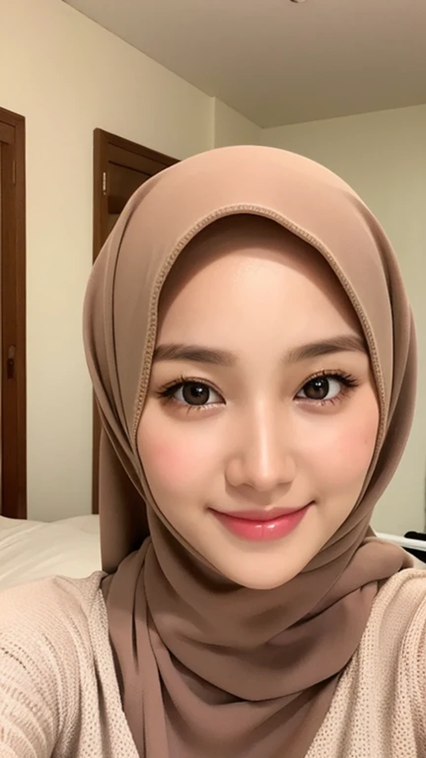 （lifelike， High resolution：1.3）， 1 Girl with perfect body， very detailed face and eyes，hijab, indonesian：1.2, whole body, beautiful, a room, white room, cute face, smile, brown
