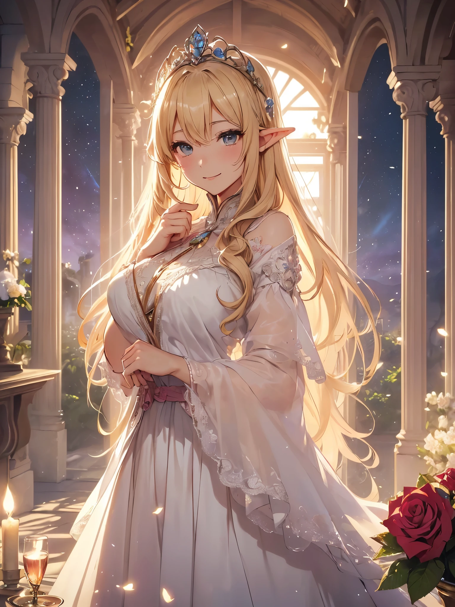highest quality、Highest image quality、masterpiece、beautiful face、、Titania、Super beautiful elf beauty((22 years old OL big bust、bust 90,beautiful long ironed hair、blonde、Height: 165cm。slender、sexy、Esbian、beautiful tiara、night、High quality、美しいart、Beautiful bed、canopy、Sky curtain、muste piece、ビジュアルart、Depth of the bounds written、、elf ears、、Lightのmagic、universe、A happy smile、穏やかなLight、Elven Forest、cherry blossoms、、elegant、ticker beautiful decorative、marble columns、fresco、Mosaic floor、mystical rosa、Rose、flower瓶、magicのflower、flowerを作るmagic、Light、 the sky、beautiful dressy、beautiful dresyth、ART、Lord of the Ring、spectacular scenery、sexy、friendly smile、Fantastic、cherry blossoms、舞い散るflowerびら、cherry blossomsのflower、universeのmagic、magicのLight、fantasy、flower、super REALITYたくさんのRose、magic、Interior decoration、Many tapestries、Grow fantasy、、mysteryのLight、byzantine、renaissance、Art nouveau、alphonse Mucha、、art、art,mystery,UHD,magicalgentle light,sexy、