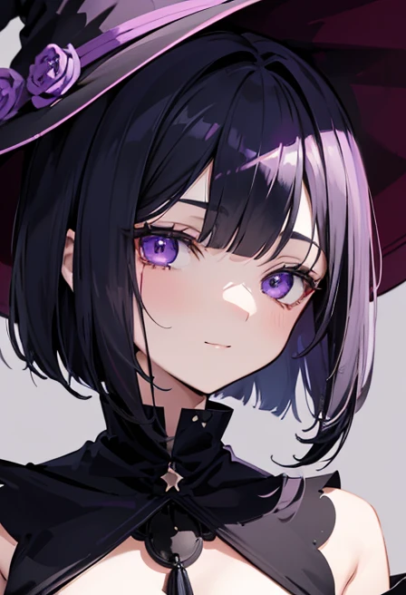 Witch's outfit, Anime-style portrait of a girl with a deep violet bob cut making eye contact with the camera, bright eyes, baby-faced, subtle smile, minimalistic background to emphasize character, high contrast, clean lines, digital painting, vivid colors