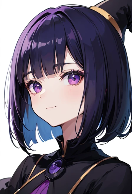 Witch's outfit, Anime-style portrait of a girl with a deep violet bob cut making eye contact with the camera, bright eyes, baby-faced, subtle smile, minimalistic background to emphasize character, high contrast, clean lines, digital painting, vivid colors