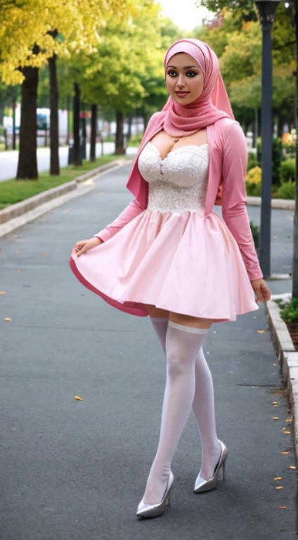 RAW, Best quality, high resolution, masterpiece: 1.3), beautiful Malay woman in hijab, Masterpiece, perfect slim body, big breasts, beautiful big eyes, Soft smile, wearing a pink sexy wedding dress, thigh high stockings, silver high heels, necklace, walking around evening, City park, Great lighting, Bright colors, Bright lines
