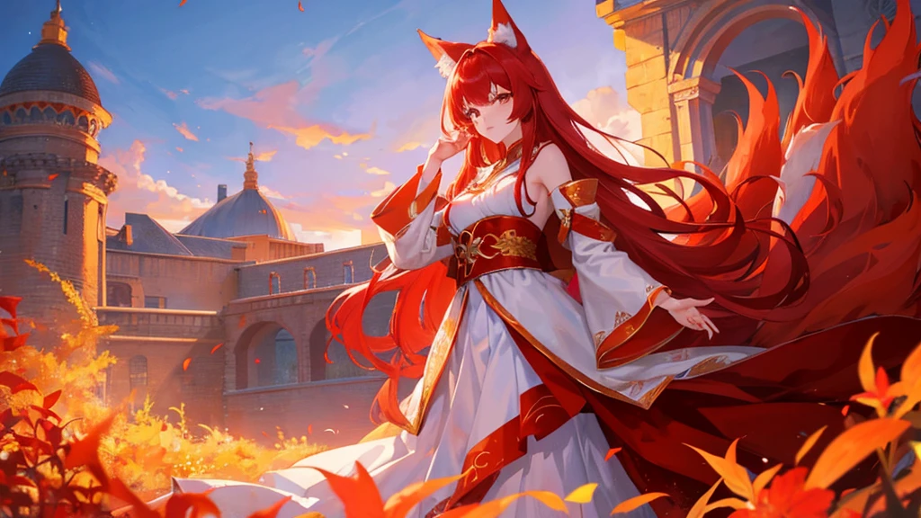 beutiful girl, red hair, nine tailed fox, fox, royal clothes, 8k resolution, sky