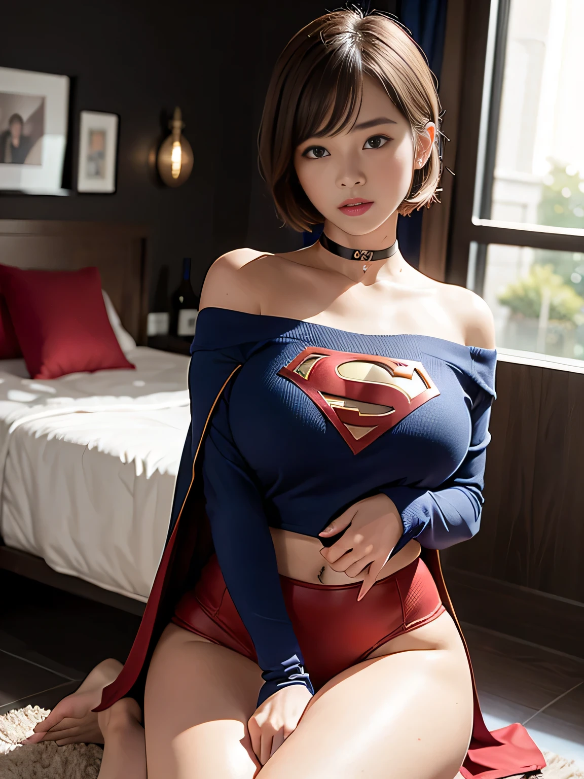 highest quality、masterpiece,Short-haired Supergirl sleeping in the operating room、plump breasts、look at the camera、choker、long sleeve、barefoot、magazine cover、High leg、red mini skirt、tight costume、confused、wide open legs、obscene、Show a glimpse、Glamorous、off shoulder、model body shape、Oily Skin、