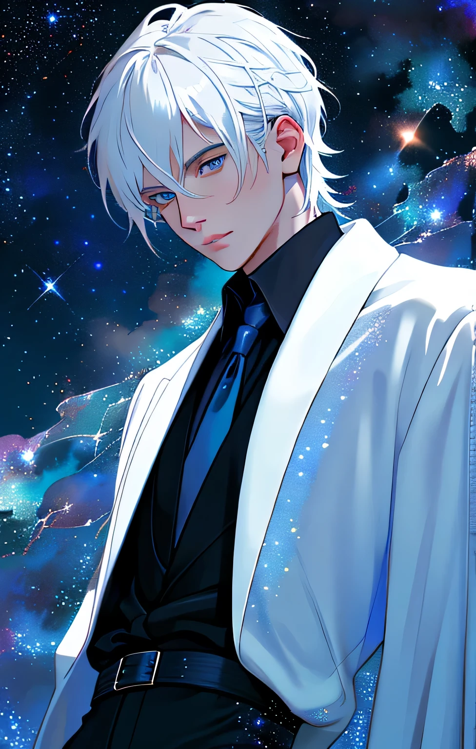 Close up face, European face, white man, shoulder-length white hair, tuquoise blue eyes, black pants and blue dress shirt. starry sky (masterpiece, best quality: 1.4), (absurdities, highres, ultra detailed: 1.2), (1 handsome man: 1.4), (using dark magic: 1.4), red magic, playful illustrations, imaginative overlays, artistic fusion, fantastic scenes, evocative narratives, stunning visuals
