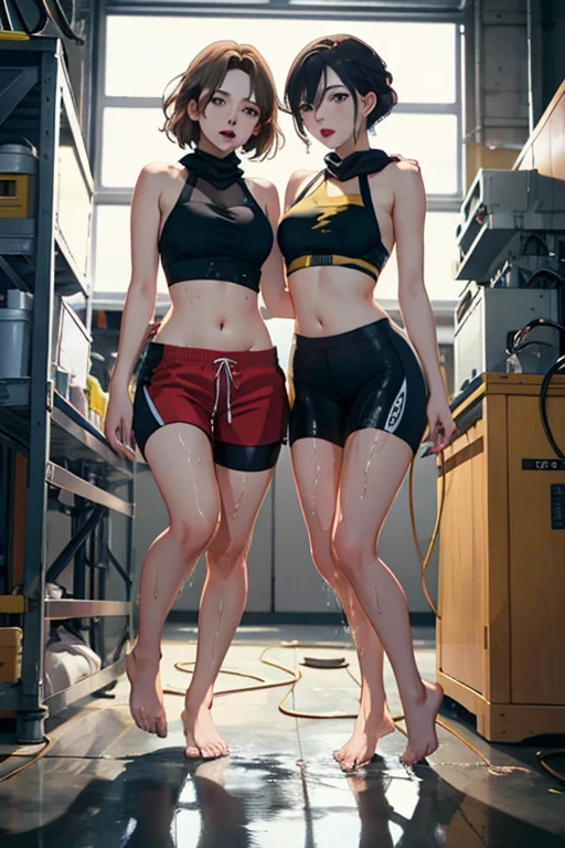 High resolution, beautiful women,
 high detail,
 good lighting,
 despicable,
 erotic anime,
 (((Body fused with bike from neck down))), 
(A halter top that resembles a motorcycle cowl),
 (Suspension Exposed Abdomen),
 (Tired toe),
 (((Machine legs with suspension))),
 (full body shot),
 (Wet shorts like bumpers),
 (((charging))),
 (I&#39;m surprised),
 urine stain,
 (Inside the maintenance workshop),
 not wearing clothes,
 Nice long legs,
 lipstick,
 cute face,
 (full body shot),
 ((Inside the maintenance workshopで、With a group of many beautiful lesbian women holding each other))