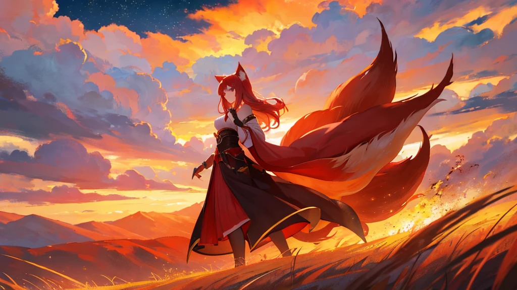 beutiful girl, red hair, nine tailed fox, fox, royal clothes, 8k resolution, sky