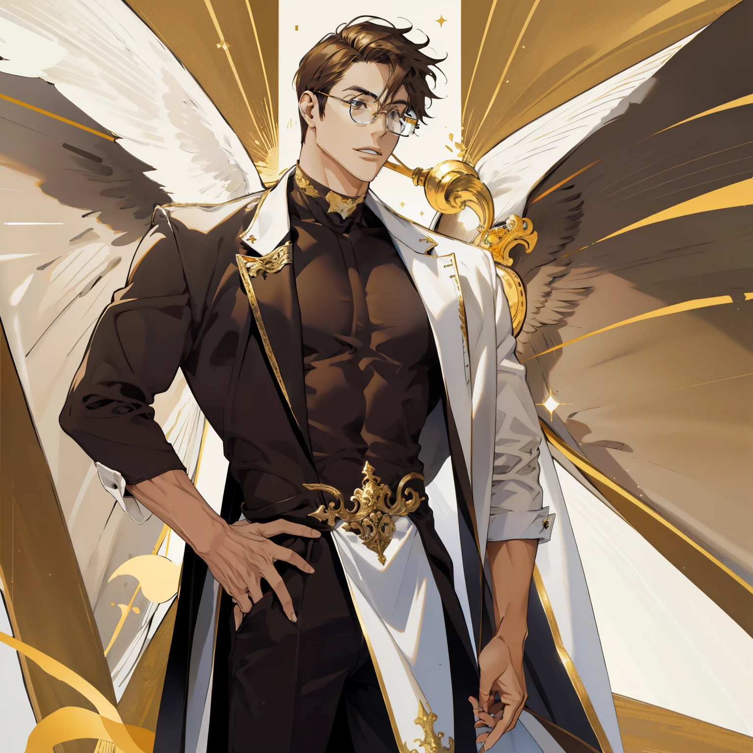 Mature male wearing golden glasses,vestindo ternos pretos,cabelo branco prateado,ombros largos,grande alto,The dorsal side is dark brown