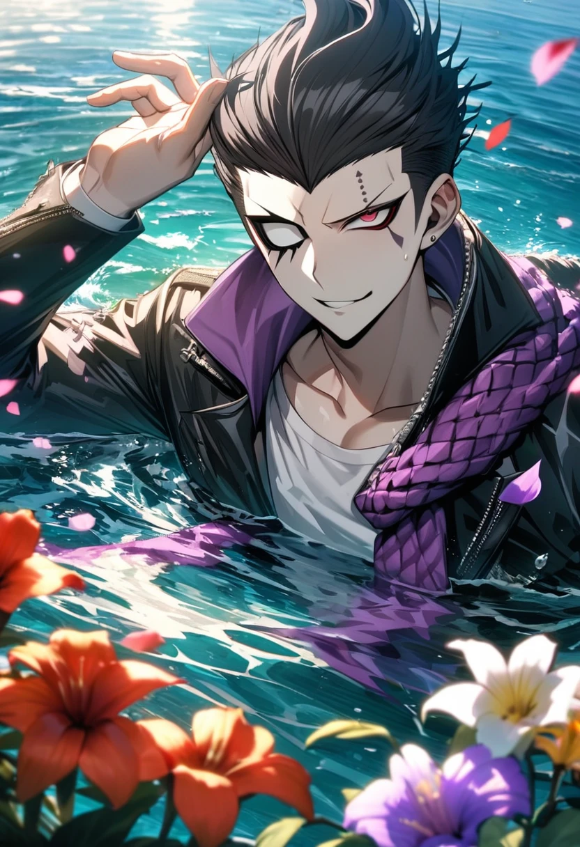 Ultra detailed, Highres, absurdres, HDR, K, Gundham Tanaka, black hair, one eye red and one eye silver, purple scarf, black jacket, white t-shirt, Danganronpa 2, 1 man only, water, petals, flowers, summer, handsome