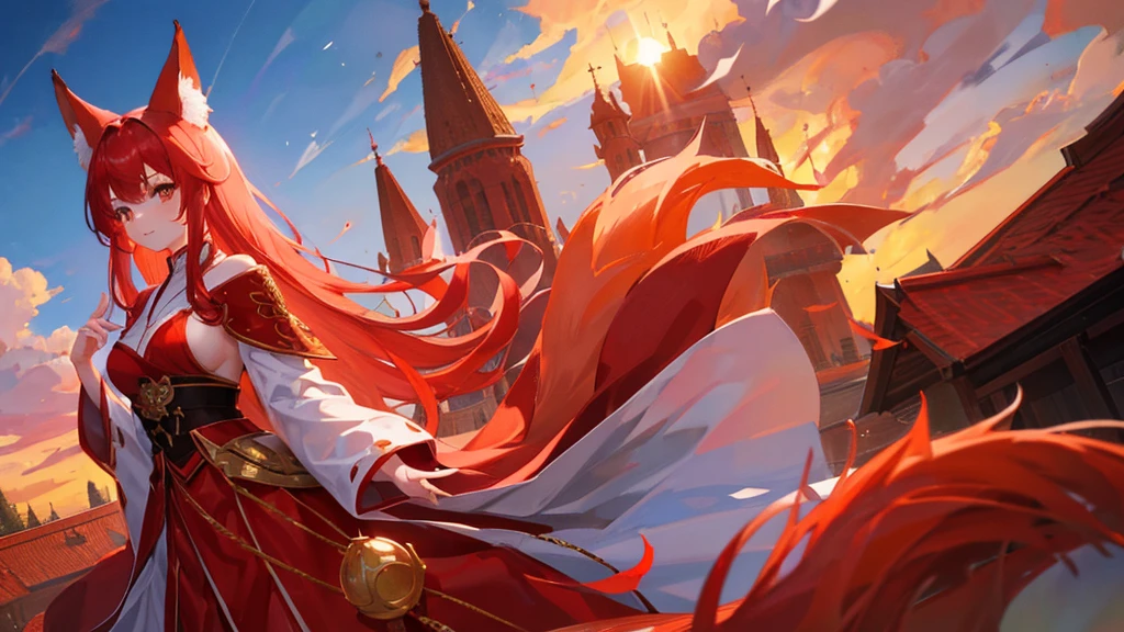 beutiful girl, red hair, nine tailed fox, fox, royal clothes, 8k resolution, sky