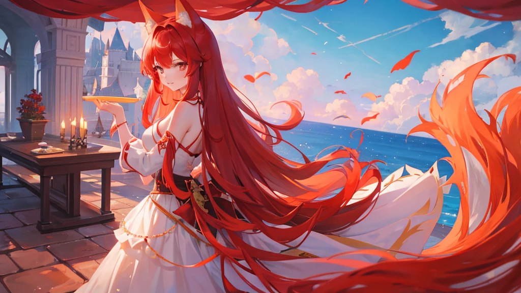 beutiful girl, red hair, nine tailed fox, fox, royal clothes, 8k resolution, sky