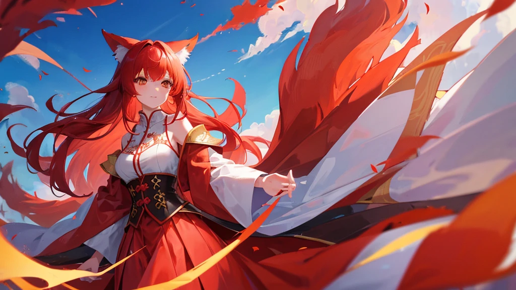 beutiful girl, red hair, nine tailed fox, fox, royal clothes, 8k resolution, sky