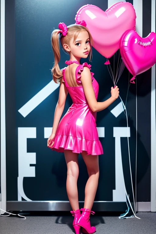 a 8 years old girl, ((having a lot of balloons)) , real photo, (((full body))), (looking back at me), twin tails, pink leather dress, looing down at me,