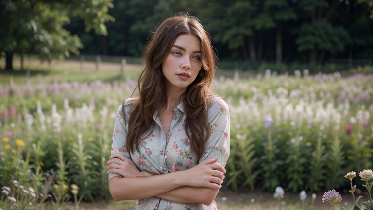 a photo of a seductive woman with loose styled redhead hair, posing in a fieldofflowers, she is wearing Button-up pink flannel shirt, and denim shorts, intricate details, goosebumps, flawless face, shy, prude, (freckles:0.9), ((photorealistic):1.2), raw