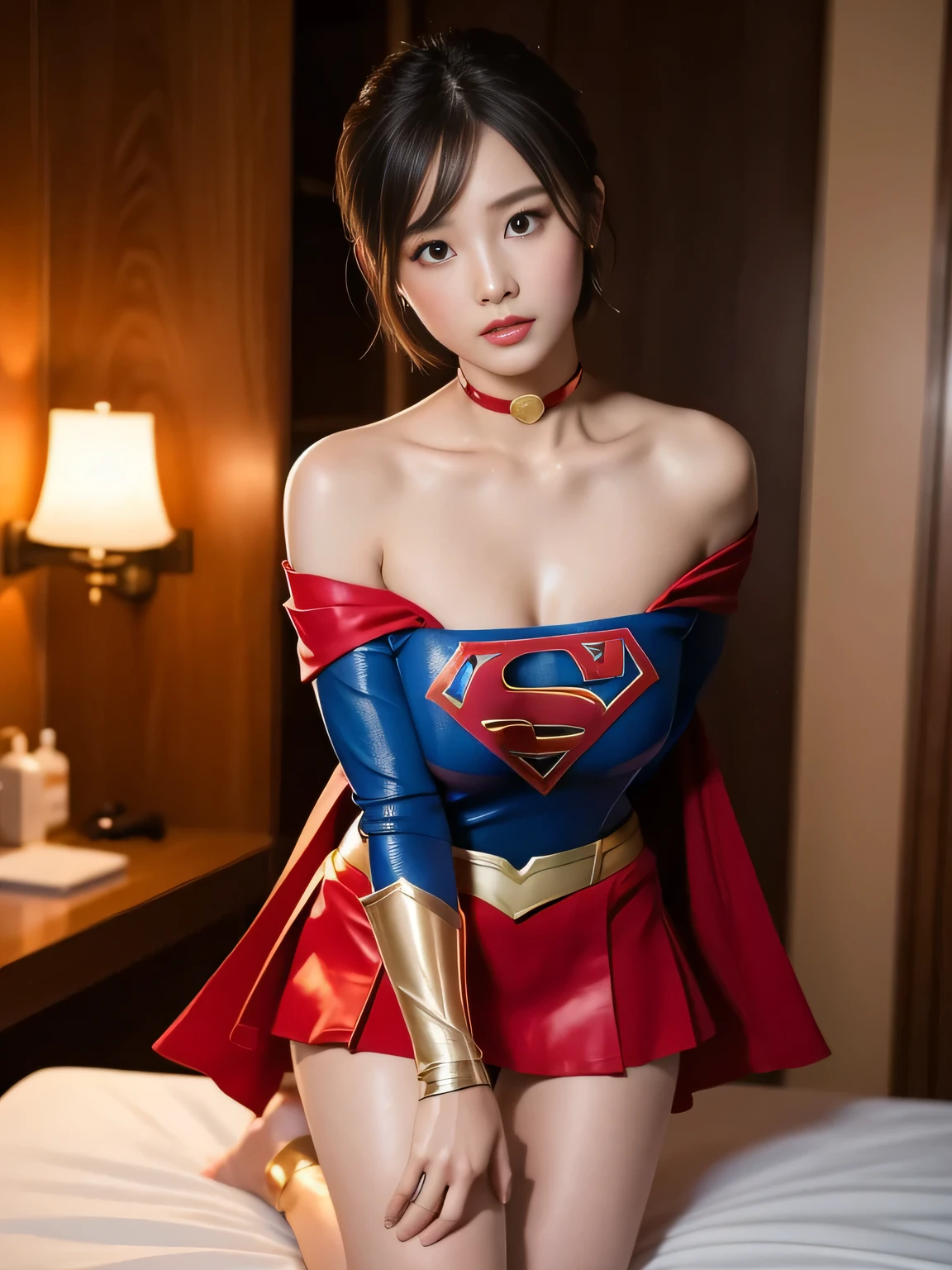 masterpiece、supergirl costume、short hair、barefoot、big and full breasts、Research room、operating table、oil massage、Oily Skin、shiny、look at the camera、Sexy poses to seduce、model body shape、choker、long sleeve、red mini skirt、Cowgirl、Estrus、sweaty、Radical、off shoulder、Glamorous、
