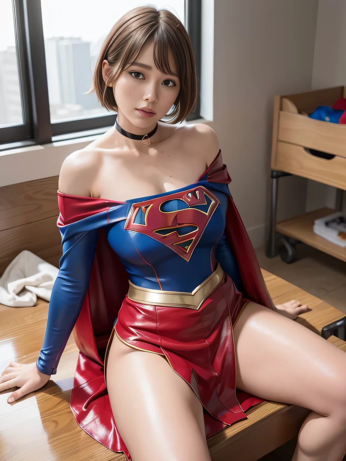 masterpiece、supergirl costume、short hair、barefoot、big and full breasts、basement、operating table、legs crossed、Oily Skin、shiny、look at the camera、Sexy poses to seduce、model body shape、choker、long sleeve、red mini skirt、Cowgirl、Estrus、sweaty、Radical、off shoulder、Glamorous、