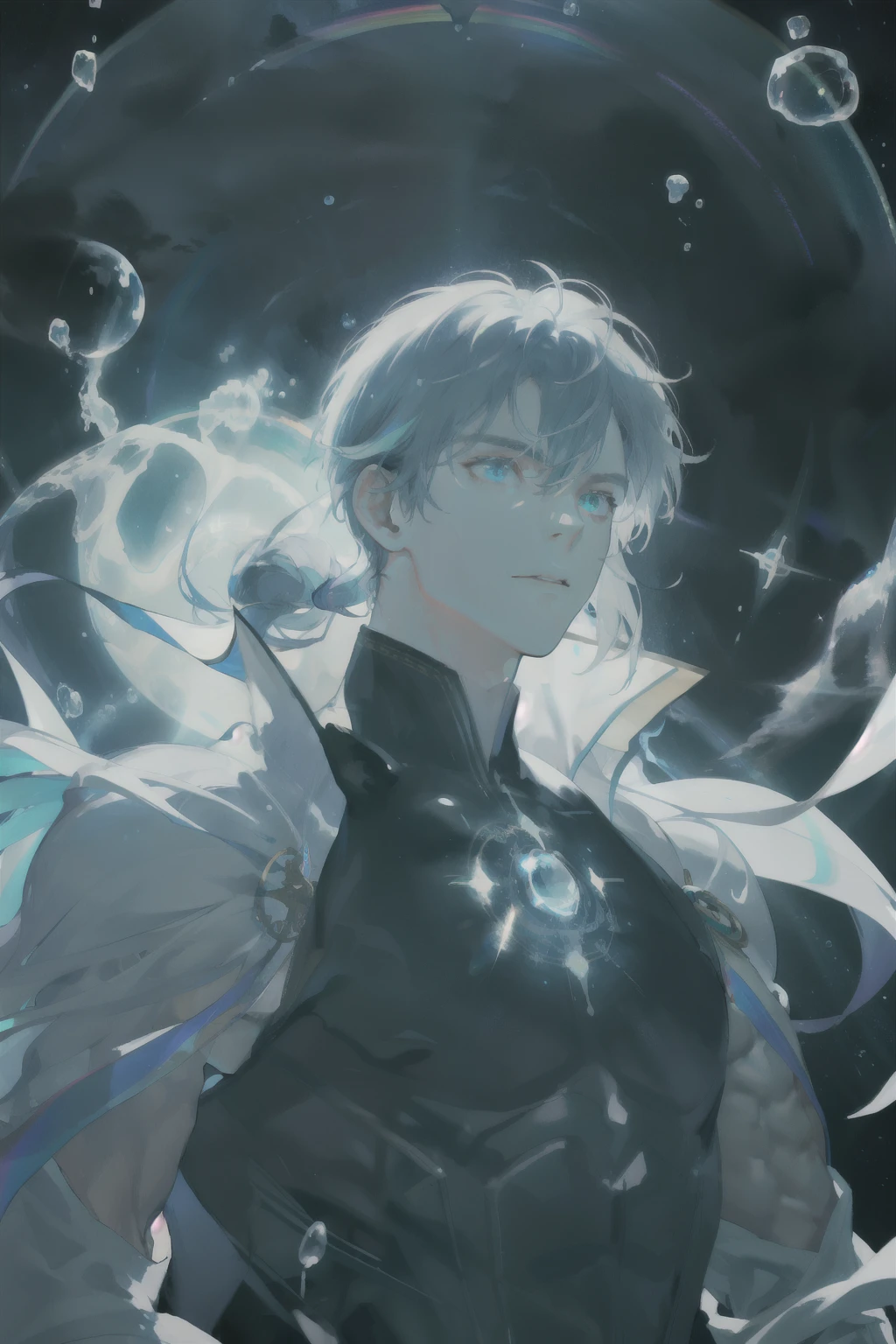 masterpiece, best quality, 1 male, adult, mature, tall muscular guy, Dark theme, Magic circle, bubble, rainbow Sunlight, Underwater, Reflected mirror, floating piece of Glass, Rainbow light, Bubble Swirling, wind Swirling, Aurora, fantasy scenery, Starlight around the character, (upper body)