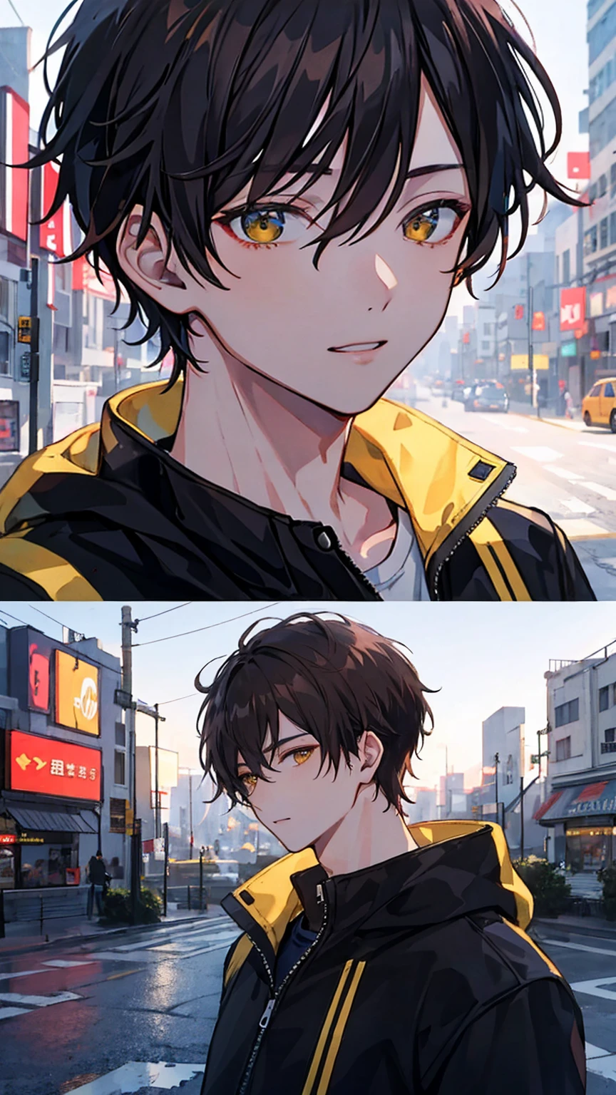 original photo, Close-up portrait photo of 20-year-old.哦 1boy, alone, actual,shirt,Jacket, cyberpunk, spiky hair,brown hair, yellow Jacket, City ruins in the background, (High detail skin:1.2), 8K Ultra HD, DSLR camera, soft light, high quality, film grain, Fuji XT3, Very detailed background