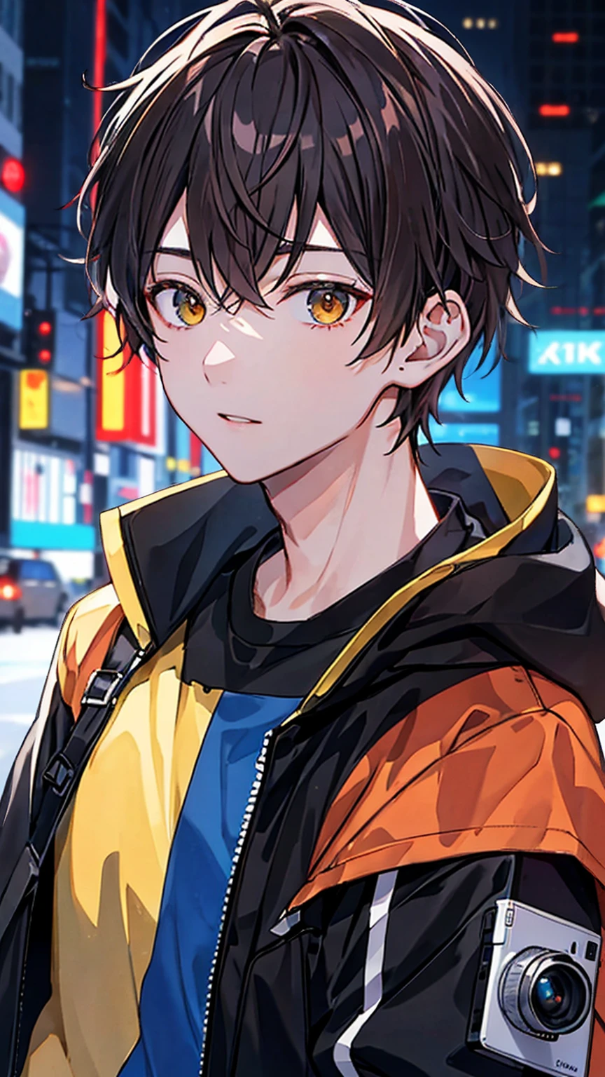 original photo, Close-up portrait photo of 20-year-old.哦 1boy, alone, actual,shirt,Jacket, cyberpunk, spiky hair,brown hair, yellow Jacket, City ruins in the background, (High detail skin:1.2), 8K Ultra HD, DSLR camera, soft light, high quality, film grain, Fuji XT3, Very detailed background