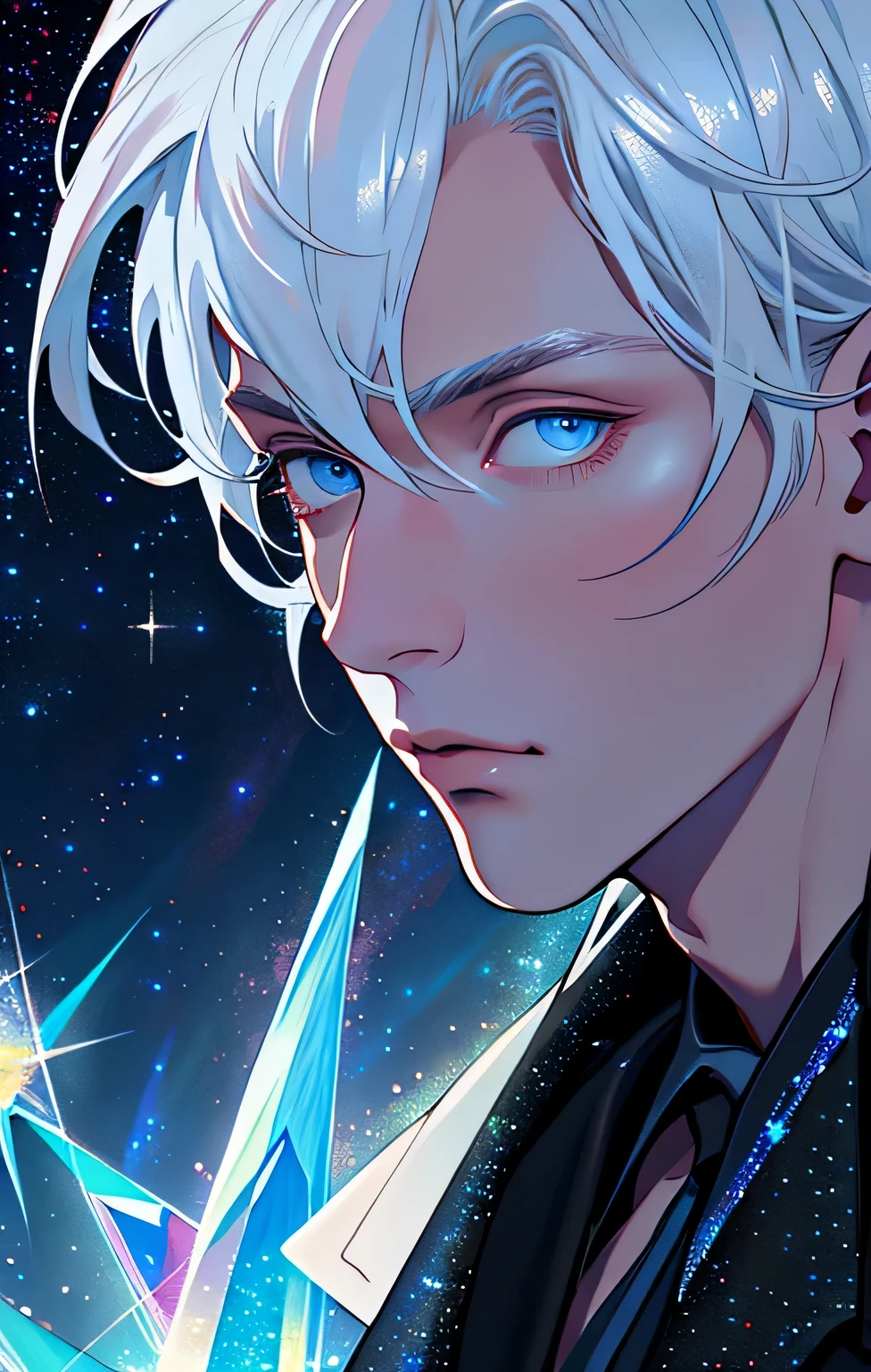 Close up face, European face, white man, shoulder-length white hair, tuquoise blue eyes, black pants and blue dress shirt. starry sky (masterpiece, best quality: 1.4), (absurdities, highres, ultra detailed: 1.2), (1 handsome man: 1.4), (using dark magic: 1.4), red magic, playful illustrations, imaginative overlays, artistic fusion, fantastic scenes, evocative narratives, stunning visuals
