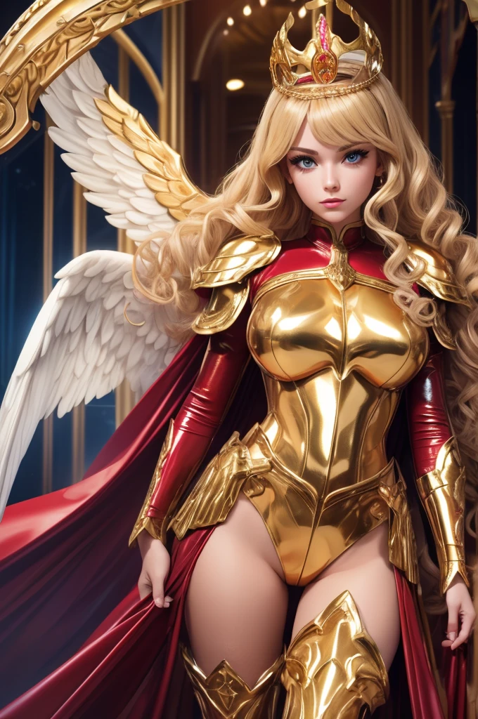 Best quality, 8K,woman vintage super hero, beautiful and detailed face, blonde curly long hair,golden tiara, big eyelashes,holding a gold sword,big angel wings,LOOKING TO observer,red and blue metalic armour over bodystocking, SHINY GLOSSY PANTYHOSE,black belt,over the knee boots,white neutral scenario