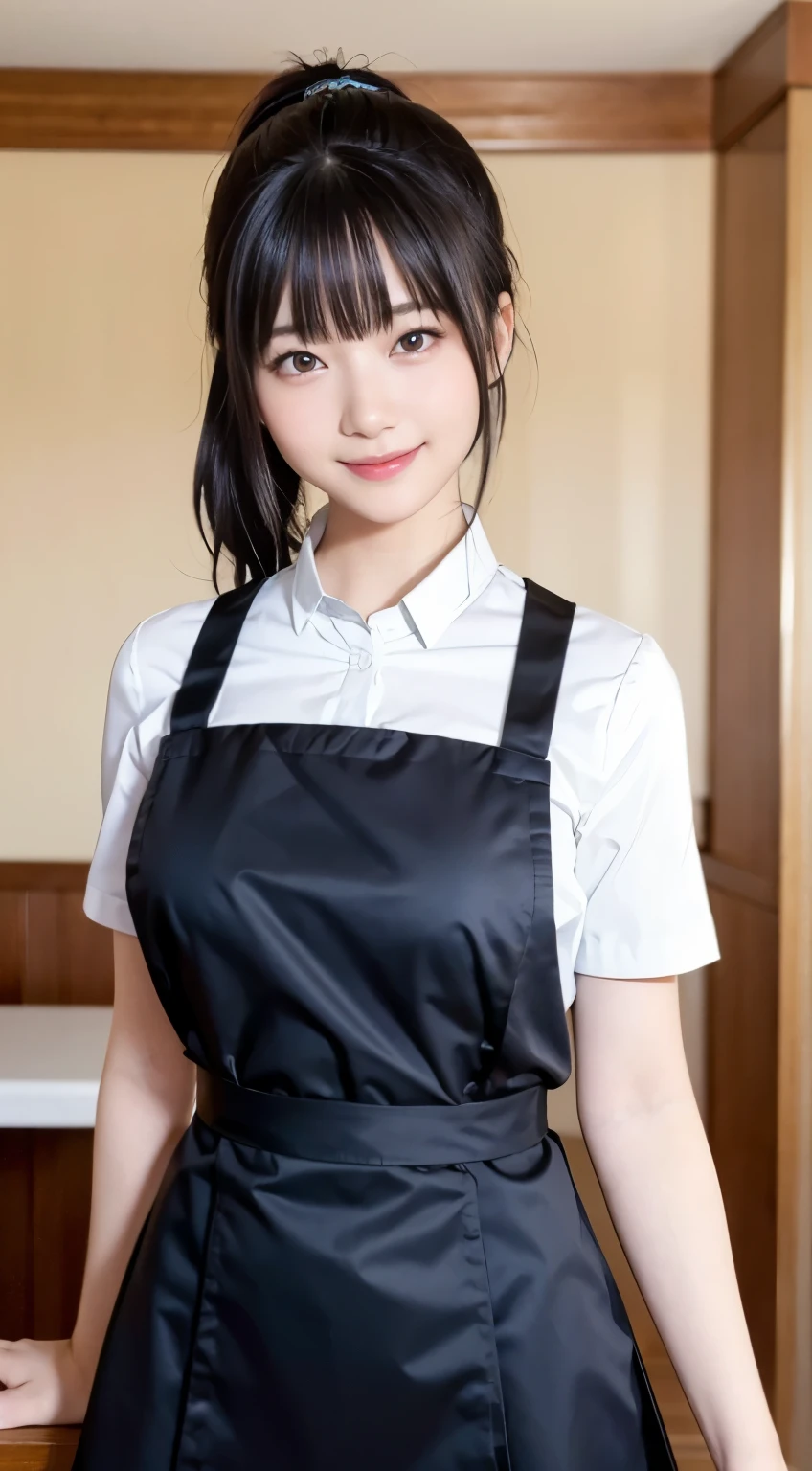 (highest quality,masterpiece:1.3,ultra high resolution,),(Super detailed,caustics),(Photoreal:1.4,RAW shooting,)ultra-realistic capture,very detailed,High resolution 16K human skin close-up。 natural skin texture、,The pores are、、、、Must be detailed enough to be easily identified。 Skin should look even-toned and healthy。 Use natural light and color,restaurant,waitress uniform,1 girl,Japanese,18-year-old,cute,black haired,ponytail,big breasts,smile,turn your body forward,(Front view:1.1),look at the camera,cowboy shot,