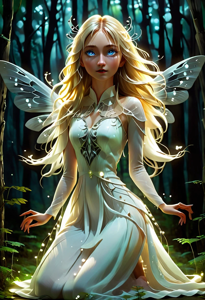 (((Inside dark forest))) ((full body)) her long straight blonde hair and white dress lights up,, kneeling, eyes open, her arms folded around herself,, wearing a luminating Light White dress. Her Dress sends out beams of white light,, inluminating the darkness black moths around the light by starsnits90 3d art,