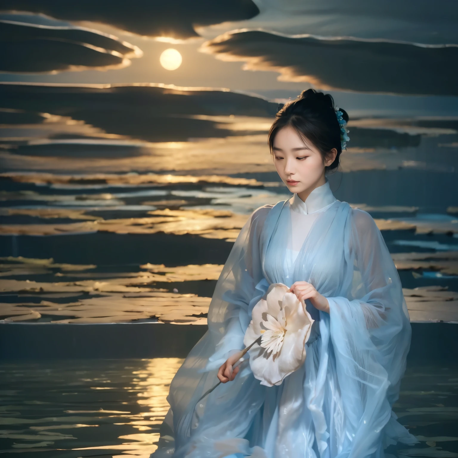 realistic, realistic, photography, masterpiece, best quality, super detailed, 1 girl, water, flower, blue theme, dress, moon, standing in water, flowing dress, flowers, petals, minimalism, seascape, seascape,sea, full moon