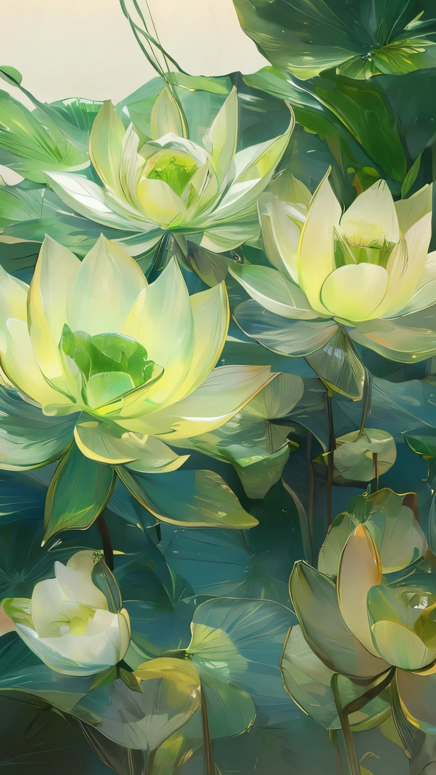 ((only one lotus leaf)),gold,green,vein,glass texture、Light,Light谱Light, Gradient translucent glass melt, Caustics, clean