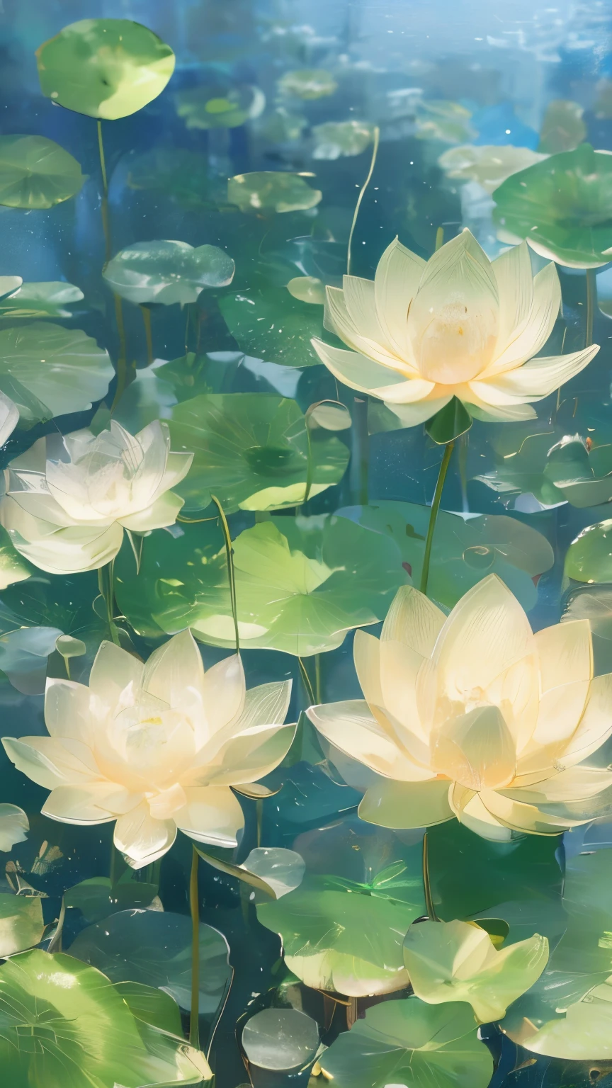((only one lotus leaf))，gold，green，vein，glass texture、Light，Light谱Light， Gradient translucent glass melt, Caustics, clean