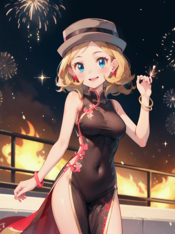 gonzarez, masterpiece, Serenaj, 1girl, solo, jewelry, Chinese dress , smile, blonde hair, blue crystal earrings, hat, blue eyes, open mouth, eyelashes, vest, blush, bangs, breasts, medium hair, bracelet, looking at viewer, outdoors, sky, night, sparkle, light, fire works