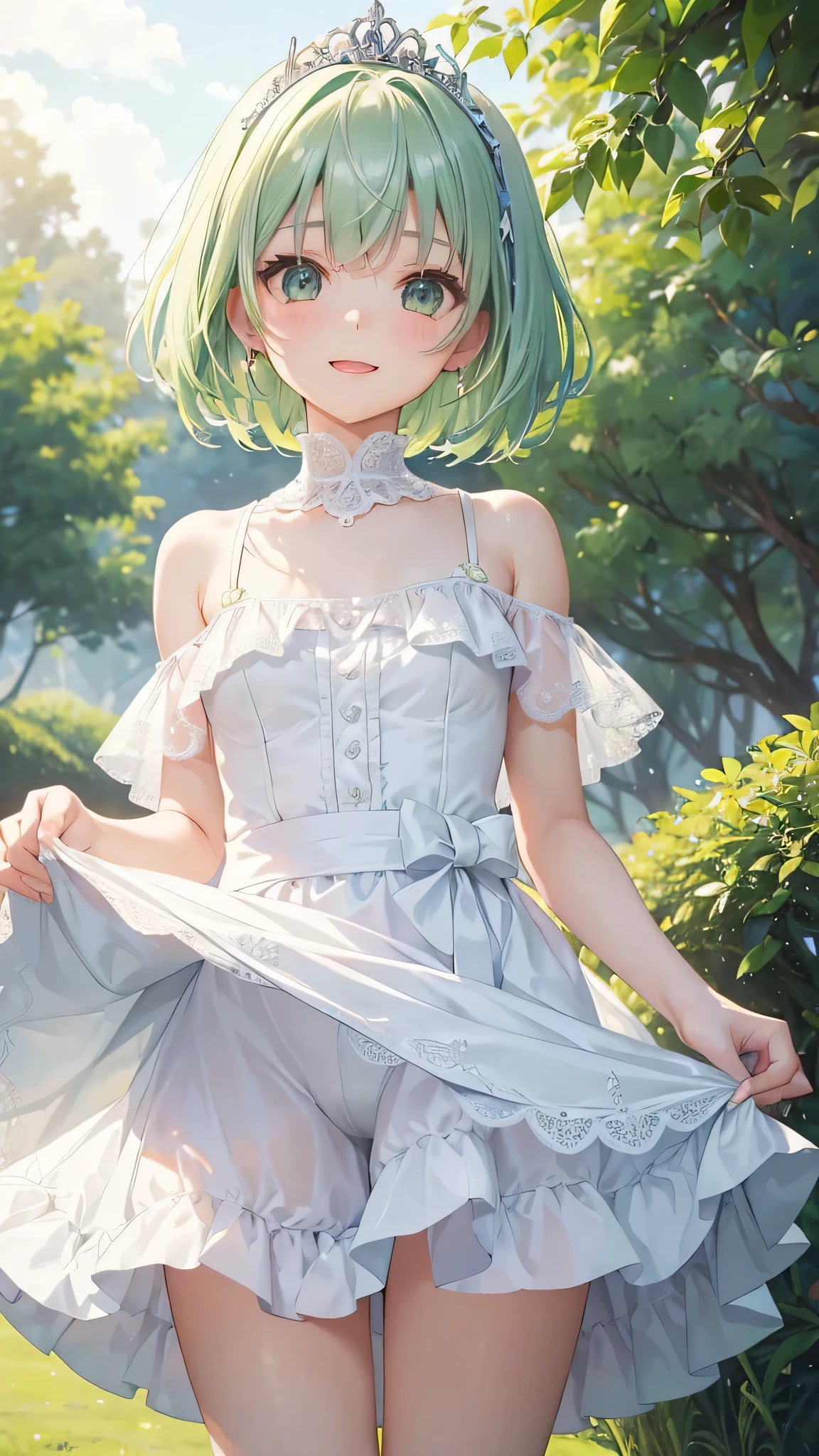 very cute girl、(())、Light green hair、short hair、(Bangs longer than shoulders)、(Beautiful, vibrant and gorgeous dress)、white lace panties、I can see your panties、Silver tiara on head、smile、open your mouth、Skirt swaying in the wind