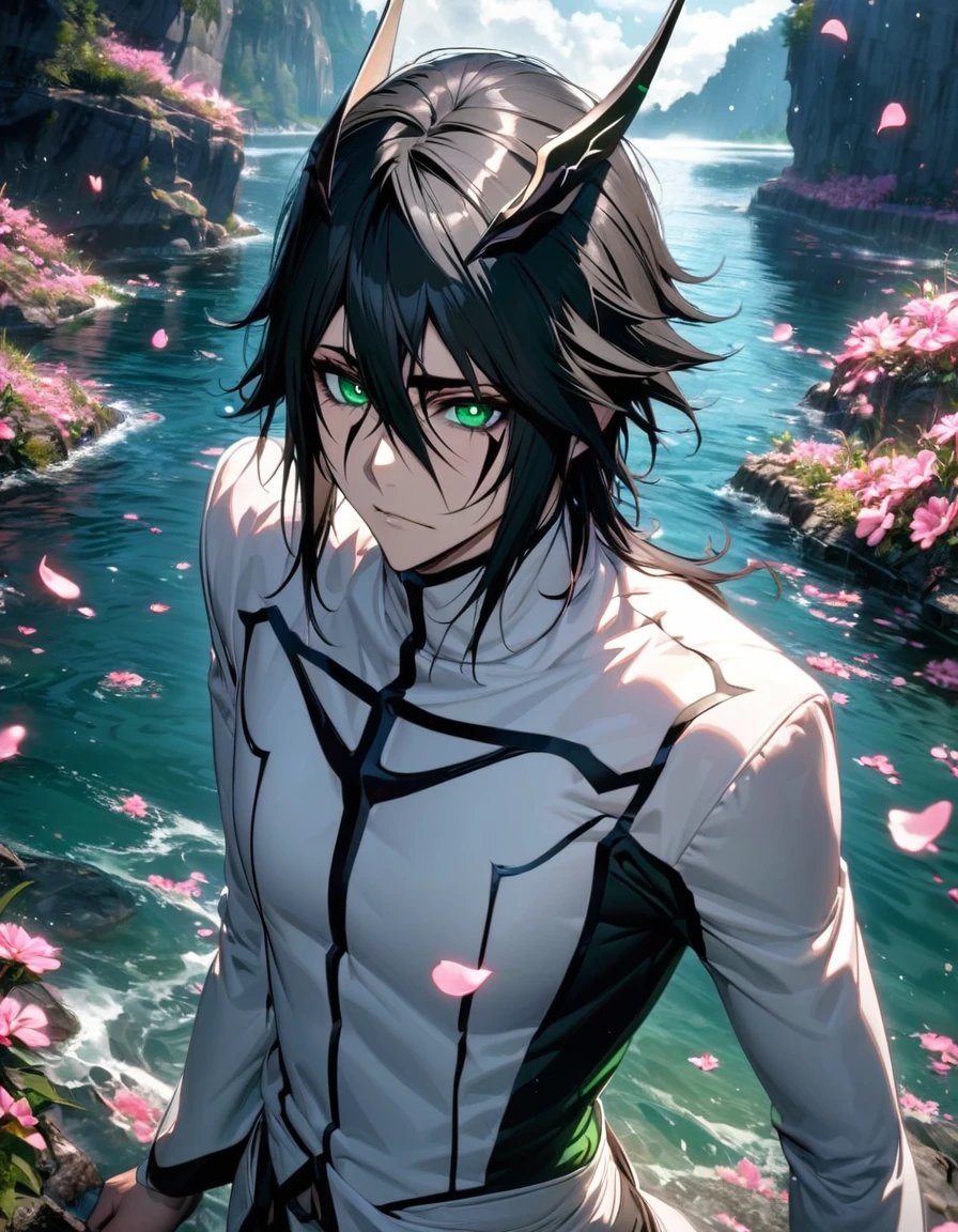 absurdres, highres, ultra detailed, HDR), master piece, best quality, Ulquiorra Cifer, black medium hair, hair between the eyes, expressive green eyes, bleach, white arrancar clothes, handsome, water, pink petals, pink flowers, pink butterflies