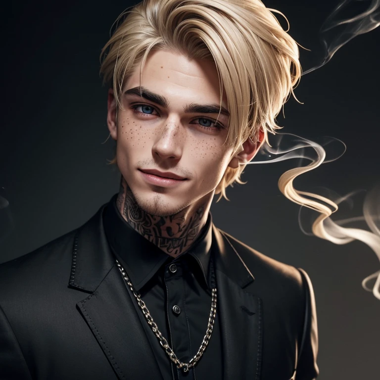 Dark blonde boy with light blonde highlights with cut up and dominant face and freckles thin nose full lips perverted smile smoking in a black suit with jacket marked jaw muscle with chains and perfect face bad and with cut eyebrow and tattoos taper cut phase Curt hair bad boy
