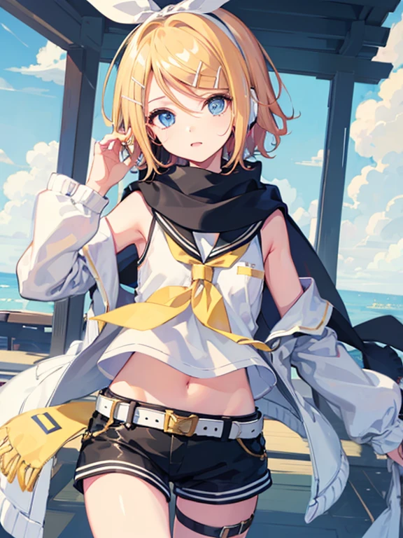 best quality, ultra precision, a girl, (Kagamine_return), blue eyes, sailor collar, black shorts, sleeveless, earphone, belt, White shirt, young, cool, childish, scarf,
