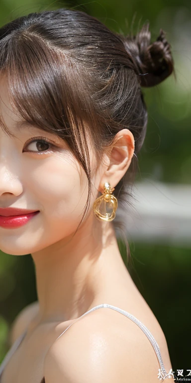 pretty girl, (brown hair), ((very bun hair)), perfect face, innocent smile, Upper body,(Cerulean Eyes), (yan), (small), (thin), ((flat chest)), ((16 only)), skin dents, extreme details, attractive oval face, red lips, pink, Glossy skin, fine hair, face focus, close up of chest, luxurious hair ornament, gold earrings, ((1 girl)), embarrassed look,