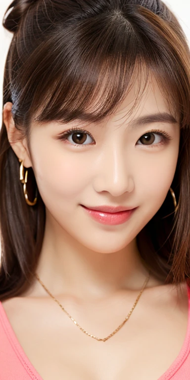 pretty girl, (brown hair), ((very bun hair)), perfect face, innocent smile, Upper body,(Cerulean Eyes), (yan), (small), (thin), ((flat chest)), ((16 only)), skin dents, extreme details, attractive oval face, red lips, pink, Glossy skin, fine hair, face focus, close up of chest, luxurious hair ornament, gold earrings, ((1 girl)), embarrassed look,