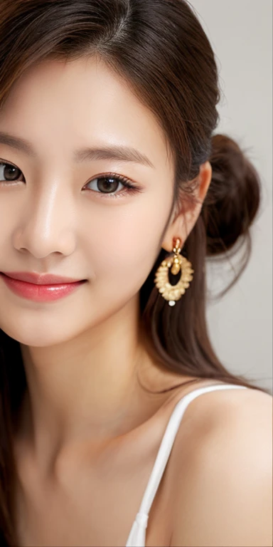 pretty girl, (brown hair), ((very bun hair)), perfect face, innocent smile, Upper body,(Cerulean Eyes), (yan), (small), (thin), ((flat chest)), ((16 only)), skin dents, extreme details, attractive oval face, red lips, pink, Glossy skin, fine hair, face focus, close up of chest, luxurious hair ornament, gold earrings, ((1 girl)), embarrassed look,